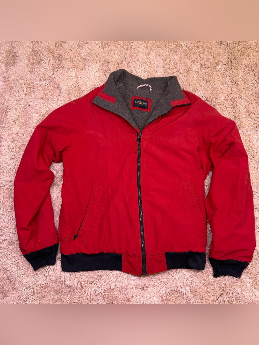 Lands’ End Squall Men’s S 34-36 Red Fleece Lined Bomber Jacket Damaged Cuff